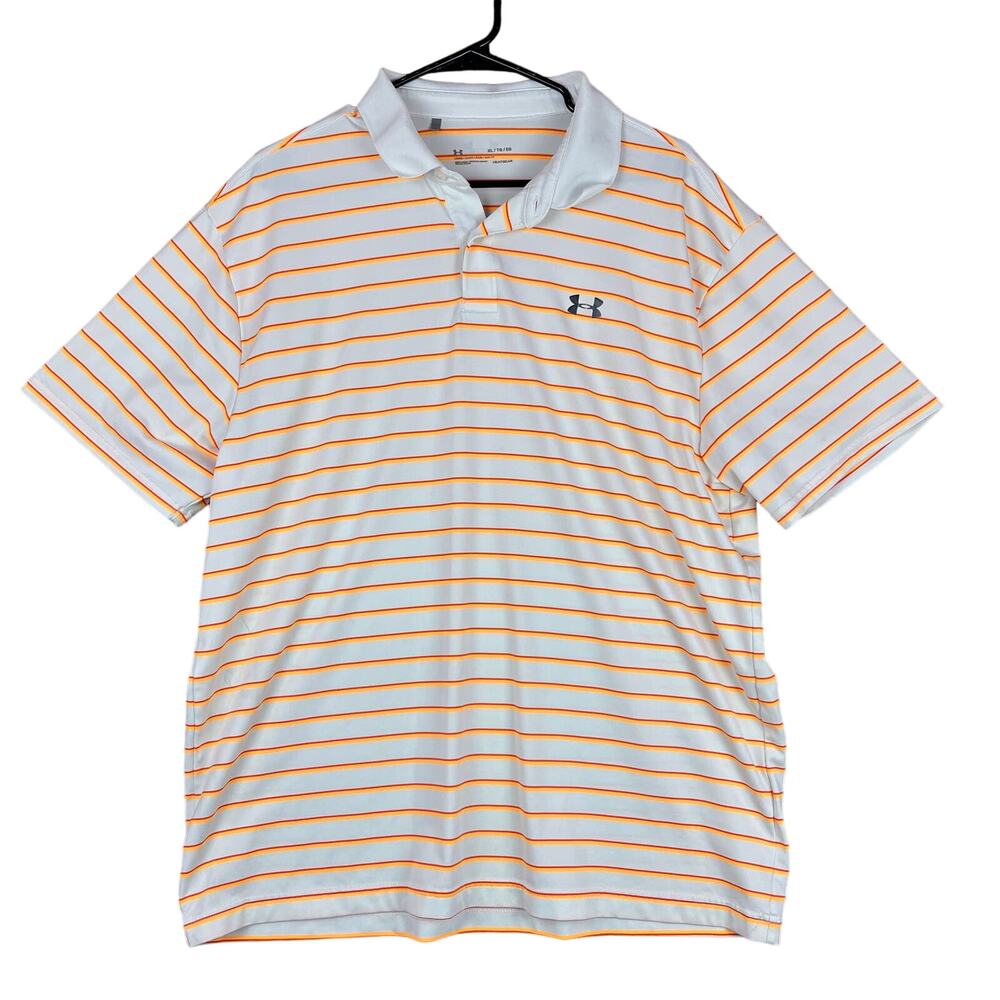 Under Armour Mens Polo White Orange Red Stripe HeatGear Loose Fit XL